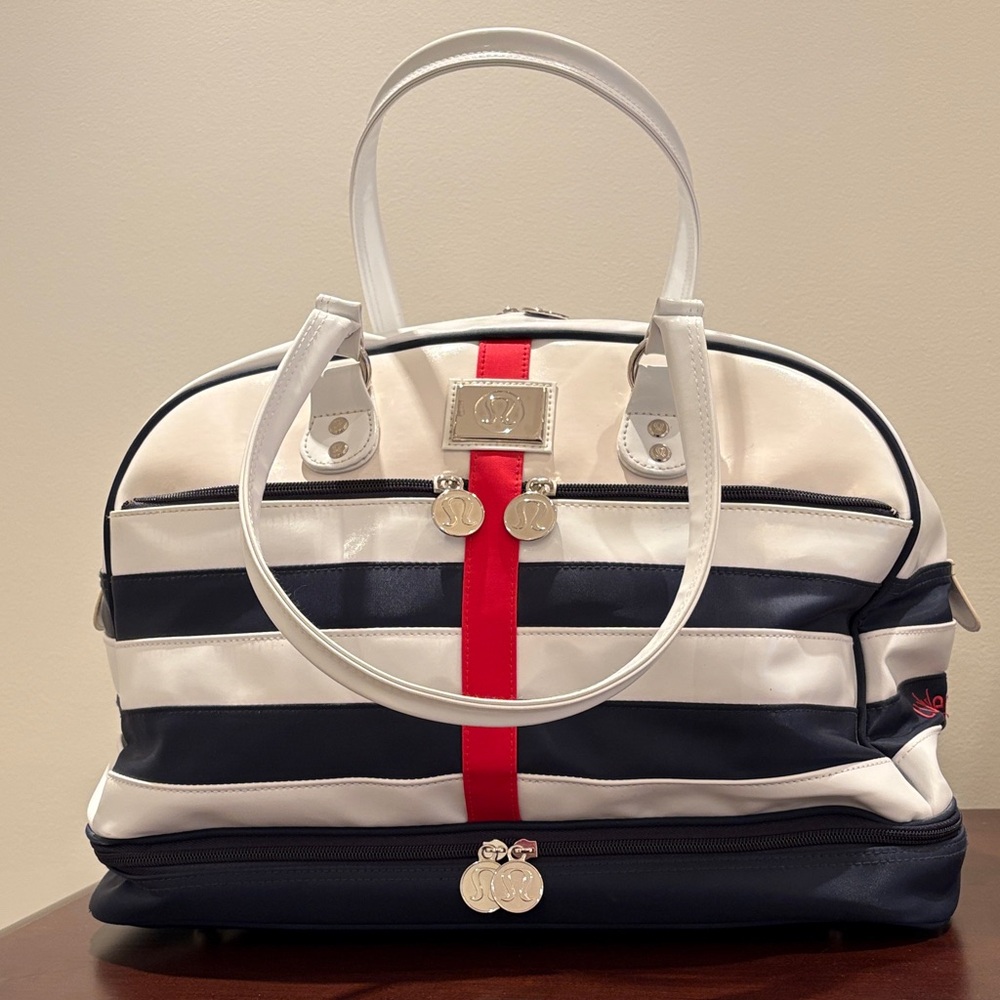 lululemon Vintage White, Navy, and Red Striped Dome / Duffel Bag Vegan Leather